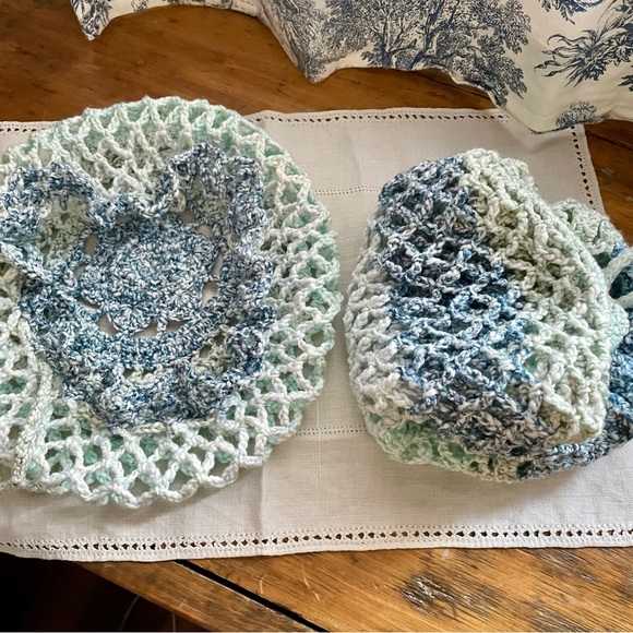 NEW! Handcrafted Crochet 100% Cotton Packable Tote Bag & Pouch - Blue/Green - Picture 4 of 16